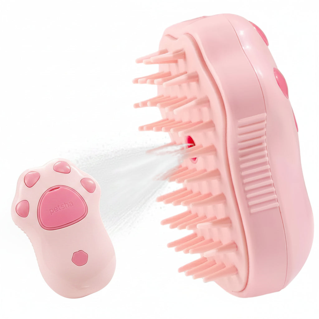 Pink pet grooming brush with USB cable, held by a hand, and used on a cat.